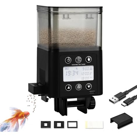 1 Distributeur nourriture poisson, Minuteur LCD, 320ml, Anti-humidité, Rechargeable USB, Pour aquarium vacances (1/5)