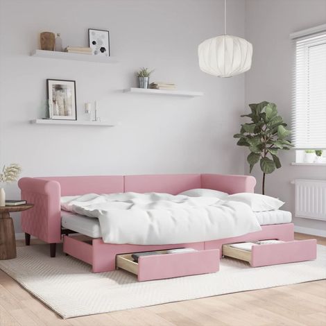 Lit de jour avec gigogne et tiroirs rose 80x200 cm velours (1/5)