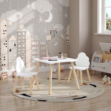 WOLTU 3tlg. Kindersitzgruppe, Kindertisch mit 2 Stühlen, Tisch Stuhl Set für Kinderzimmer, Kinderstuhl mit Wolken-Rückenlehne, aus Massivholzbeine, für Kleinkinder Vorschüler, Weiß