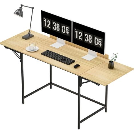 Escritorio plegable con 2 extensiones, 170 x 58 cm, estructura metálica, acabado roble y negro (1/5)