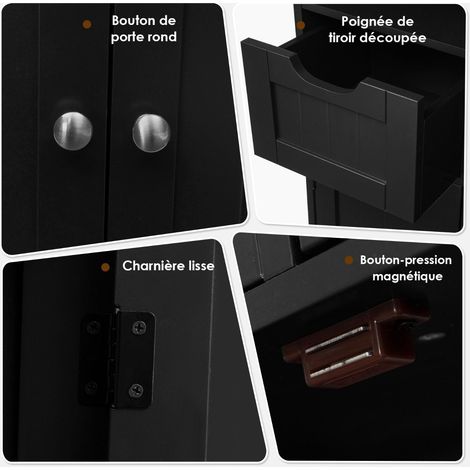 Meuble de salle de bain sur pied, étagère ouverte, 2 tiroirs, noir (1/5)