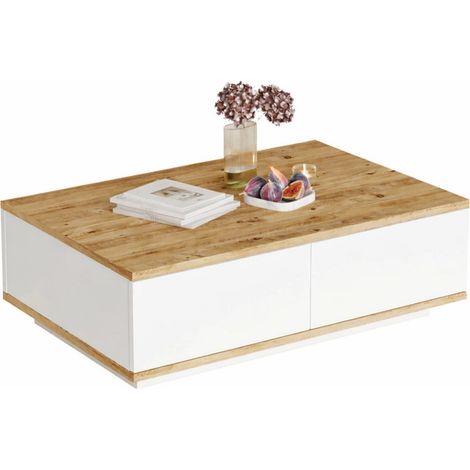 Table Basse 2 Abattants 2 Niches Chêne et Blanc L 90 H 28.6 P 60 cm (1/5)