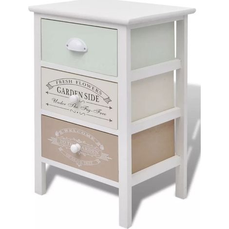 Table de chevet 3 tiroirs bois paulownia massif blanc Frenchy (1/5)