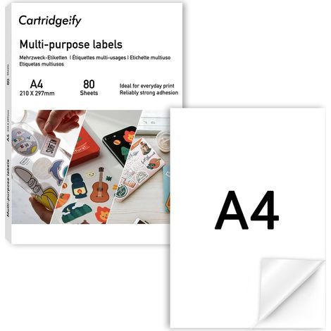 A4 Paper Sticker Printer for Laser and Inkjet Printers, 80/Sheets, 1 Label Per Sheet, Matte White, 210 x 297 mm (1/5)