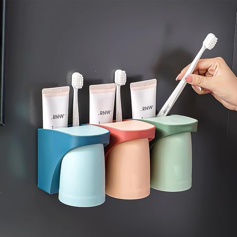 Lot de 3 porte-brosses à dents muraux : porte-gobelets sans perçage, porte-brosse à dents avec gobelet magnétique, pour salle de bain (rouge + vert + bleu) (1/5)