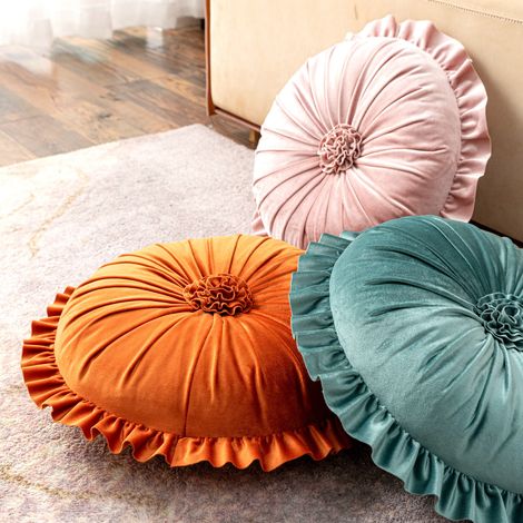 Coussin rond en velours hollandais à volants et motif floral - jaune 35 cm (1/5)