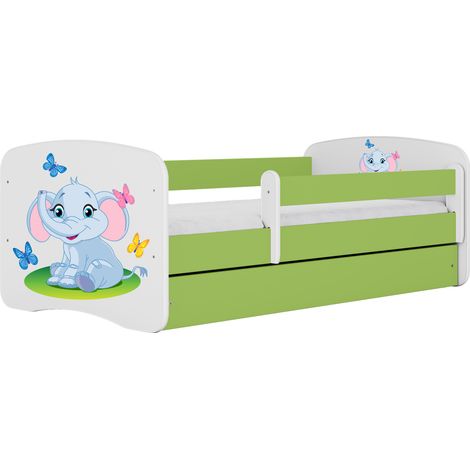 Lit enfant et adolescent 80 x 160 cm avec tiroir et barrière amovible vert, motif éléphant (1/5)