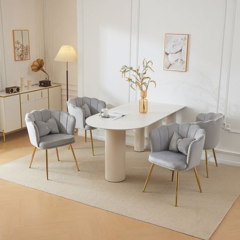 Fauteuil en velours gris, dossier en forme de pétale capitonné, pieds en métal doré réglables, coussin inclus, structure en contreplaqué, jusqu'à 150 kg – de FLORAGRACE (1/5)