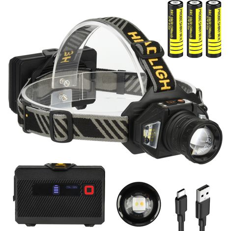 Lampara Frontal - Led - 120000 Lux - 12 Modos - Impermeable IPX7 - Ajustable 90 Grados - Recargable USB Tipo C - 8 a 25 h de Autonomía (1/5)
