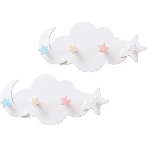 Set of 2 Cloud-Shaped Wall Hooks with Stars and Moon, Key Holder, Coat Rack, Wall Hooks, Towel Holder for Children (1/4)