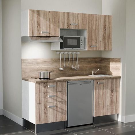 Kitchenette K20L-PT - 180 cm - plan stratifié, évier inox, - Façade Bois - Plan Bois - Evier Inox - Crédences Oui + Electroménager inclus coloris Inox