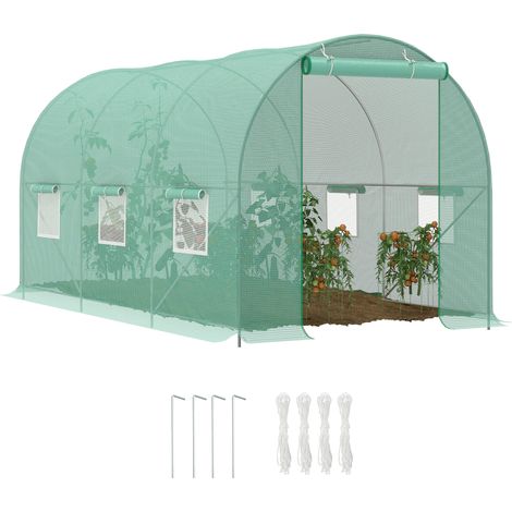 Serra a Tunnel da Giardino 4.45x2x2 m con Tetto Arrotondato, in PE e Metallo, Verde