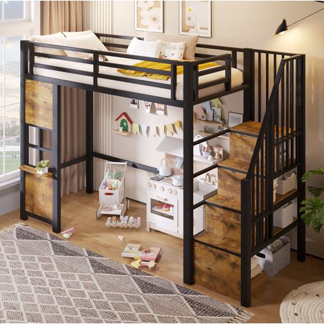 Cama alta infantil 90x200 cm negra en metal y MDF con escalera con almacenaje (1/5)