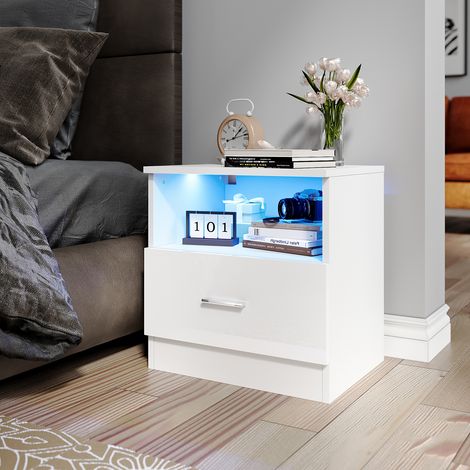 ELEGANT Modern Bedside Table with LED Light and 1 Drawer, Integrated Handle Design, for Bedroom or Home Storage Organizer, White, 450x350x465mm (1/4)