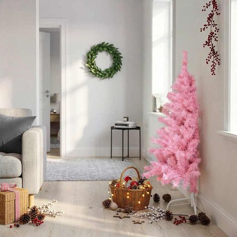 Demi Sapin de Noël Artificiel Gain de Place PVC 250 Branches avec Support Rose 120 cm - PANGIVO (1/5)