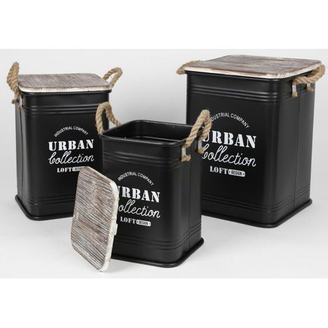 3er Set Sitztonnen Metall Hocker Deckel Dekoration Box Aufbewahrung Gäste Garten (1/2)