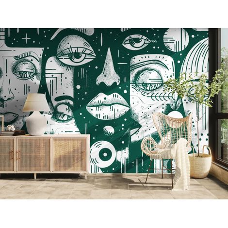 Papier peint art & déco – Visages graphiques Vert et blanc - 150 x 250 cm (1/2)
