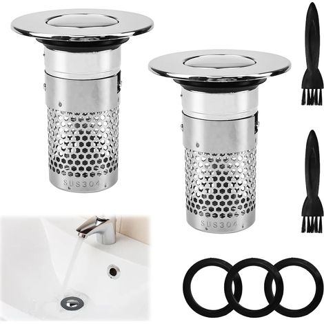 2 PCS Bonde de Lavabo avec Panier Filtrant en Acier Inoxydable 304, Bonde Clic Clac Lavabo Filtre Amovible, Bouchon de Lavabo Pop-Up pour Evier Salle de Bain Cuisine Balcon Baignoire(86cm) (1/5)