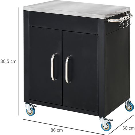 Chariot de cuisine à roulettes, desserte, chariot roulant avec placard, crochets et poignées en inox, accessoire de cuisine, table de barbecue en inox, chariot de cuisine, 86 x 50 x 86,5 cm, noir (1/5)