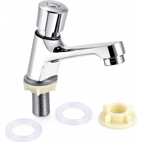 Cold Water Push Tap Only, 4 to 6 Seconds Timing Faucet, Automatic Closing Chrome Brass G1/2, for Hand Washers and Bathrooms (1/5)