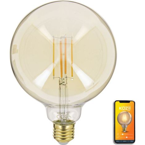 Ampoule LED connectée E27 G125 5,5W – Éclairage multi-blancs 1800K à 2700K – Verre ambré – Variation de luminosité – KRFDE470B125ACCT – Kozii