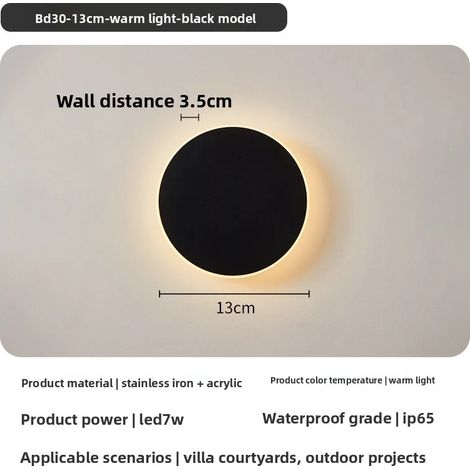 Applique murale LED ronde (13 cm, 7 W, lumière noire chaude) étanche IP65 pour extérieur, couloir, entrée, porche, chambre, décoration lumineuse. (1/5)