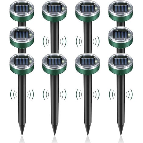 Paquete de 10 repelentes ultrasónicos solares para animales, ideales para exteriores (céspedes, jardines) y para ahuyentar serpientes y otras plagas. Incluye estacas y púas sónicas.