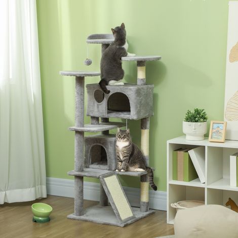Arbre à chat hauteur 138 cm. tour de jeux pour chats avec griffoir. plate-formes. 2 niches. 49 x 49 x 138 cm gris clair