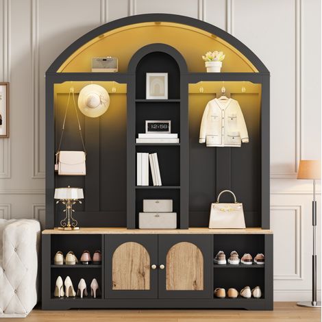Mobile scarpiera con appendiabiti, ripiani e ganci 150x40x195 cm nero, MDF - FLORAGRACE (1/5)