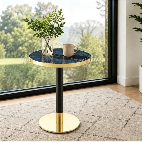 Table d'appoint ronde avec plateau effet marbre et bord doré, piètement métal noir/doré, diamètre 60 cm, hauteur 73,7 cm (1/5)