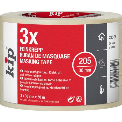 Kip MASKING-TEC fine crepe - Nastro crepe 3x 30 mm x 50 m - Nastro adesivo impregnato per interni - Bordi colorati - Alta forza adesiva - Resistente allo strappo e flessibile