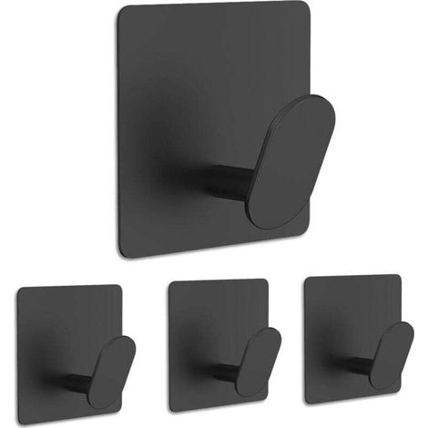 Crochet mural, patère, crochet de porte, convient pour salle de bain, chambre à coucher, fond carré, lot de 4 (noir) (1/4)
