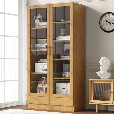 Vitrine de rangement imitation bois 80 x 40 x 160 cm avec portes en verre trempé, étagères décalées fixes et tiroir push-to-open, bibliothèque vitrée multifonction avec système anti-basculement (1/5)