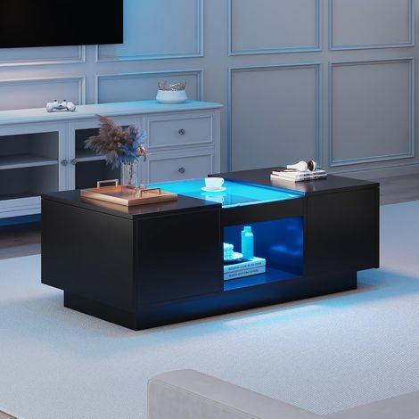 Couchtisch – Rechteckiger Couchtisch mit App-gesteuerter LED-Beleuchtung, Glasfront, 2 Schubladen und offenem Fach, schwarz, 100 x 50 x 35,5 cm