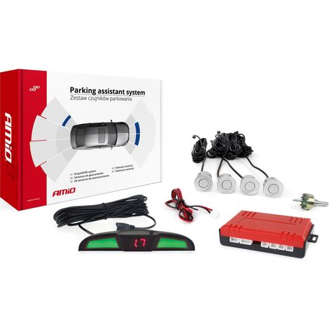 Kit de sensores de estacionamiento traseros LED COB, 4 sensores, color plata, amio-02282