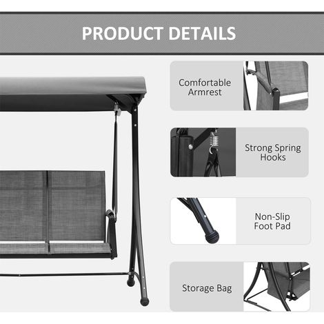 Balancelle Hollywood 3 places – Balancelle de jardin avec pare‑soleil, banc suspendu avec rangement, aluminium, gris, dimensions 196 x 128 x 172 cm – Détente familiale et rangement intégré (1/5)