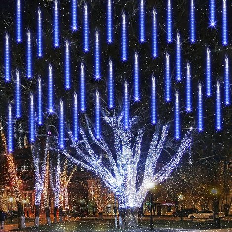 Guirlandes lumineuses de Noël extérieures, 240 LED, pluie de météores, décorations de Noël, guirlandes lumineuses de Noël, bleu (10 tubes - 30 cm) (1/5)