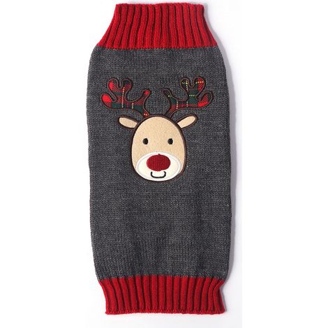 Suéter para perro, estampado de renos grises, cuello alto, tejido suave y elástico, disfraz navideño, talla pequeña a mediana. (1/5)