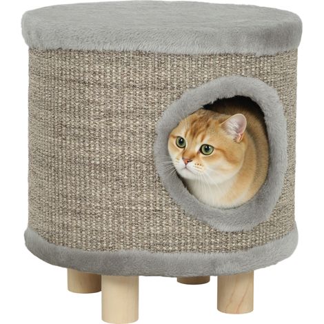 Maison pour chat grise 3 en 1 36x36x38 cm faisant tabouret, repose-pieds, lit et griffoir avec pieds en bois et plumes, accessoire design sobre pour intérieur pratique et multifonction