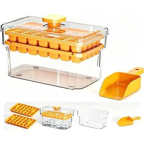 Bac à glaçons avec couvercle et boîte de rangement - 68 moules à glaçons de qualité alimentaire - jaune - livré avec une pelle à glace (1/5)