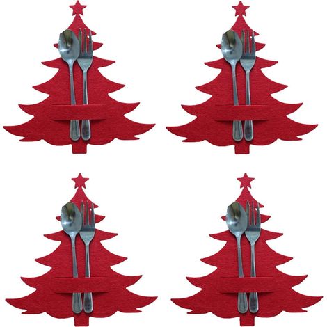 Décorations de Noël, Sacs pour couverts de Noël - Lot de 4, Porte-ustensiles de cuisine en forme de sapin de Noël, sacs pour couverts en non-tissé pour les fêtes Sacs pour couverts de Noël, Porte-cou (1/5)