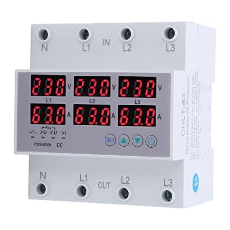 AC390‑500V 3 Phase DIN Rail Voltmètre Ampèremètre Protecteur de Surintensité de Surtension Réinitialisation Automatique Affichage Numérique Tension Courant Temps Réel(40A) (1/5)