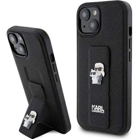 Coque rigide noire/noire Karl Lagerfeld KLHCP15SGSAKCPK pour iPhone 15/14/13 6,1" avec support et coque en cuir Saffiano Karl&Choupette Pins (1/5)
