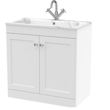 Swynnerton Traditional 2 Door Floor Standing Vanity Unit with Stone Basin, Satin White, 800mm