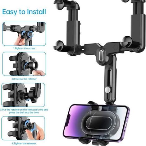Support Téléphone Voiture Rétroviseur Rétractable 360° Rotation Smartphone 4 à 7 Pouces (1/4)