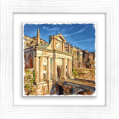 Lupia - Quadro moderno con paesaggi e localismi italiani, Ceramica e Stampa Rilievo, Cornice Legno Shabby Modern bianca, Decorazione Parete, Quadretti Soggiorno, 29x29 cm, BERGAMO PORTA SAN GIACOMO (1/4)