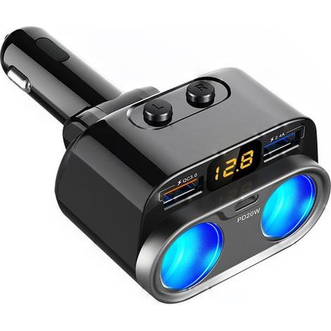 AIDUCHO 80w Allume Cigare Usb Adaptateur 2 Prise, 3 Ports Avec Qc3.0 & Pd 3.0 12v/24v Dc Multiprise Chargeur Allume Cigare Avec Affichage Led De Voltage Séparer Switch Pour Lphone, Lpad, Samsung, Gps (1/5)