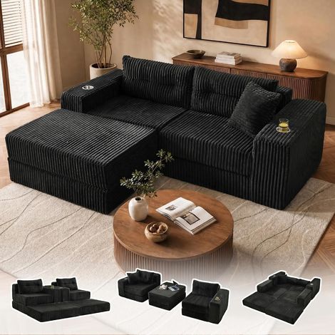 Ensemble canapé-lit convertible + fauteuil en velours côtelé noir (1/5)