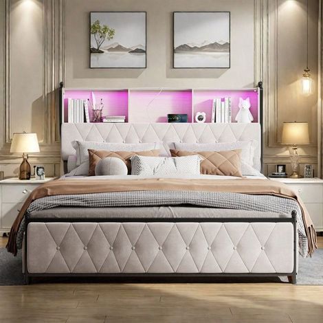 Bettgestell 180x200 cm aus Metall, Bett mit Stauraum 180x200 cm, Einzelbett 180x200 cm, Doppelbett mit LED und 4 Schubladen, Lattenrost, Beige