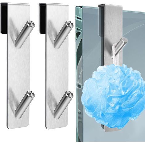2 Pieces Shower Wall Hook for Glass, Stainless Steel Shower Hook, Bathroom Towel Holder without Drilling, Shower Door Hooks, for Hanging Shower Set, Towel (Silver (1/5)
